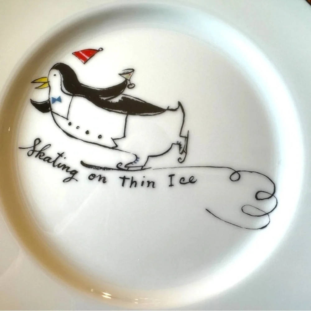 Pottery Barn Penguins Plate - “Skating on Thin Ice” - 7.5” - Made in Japan